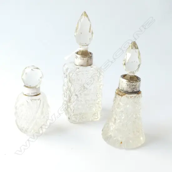 3 STG SILVER PERFUME BOTTLES LONDON 1901 ETC SOME FAULTS H 130 MM