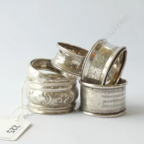 5 STG SILVER NAPKIN RINGS 1902 ETC