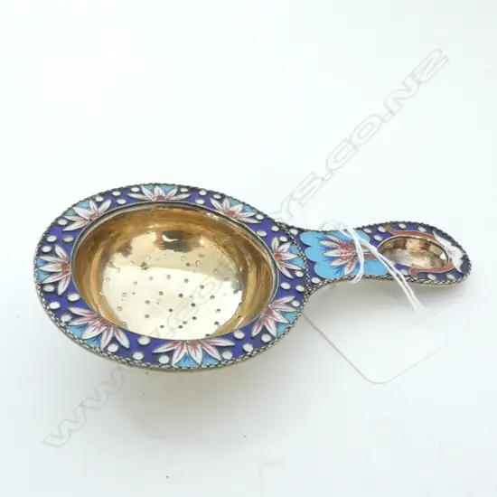 RUSSIAN GILDED & ENAMELLED SILVER TEA STRAINER