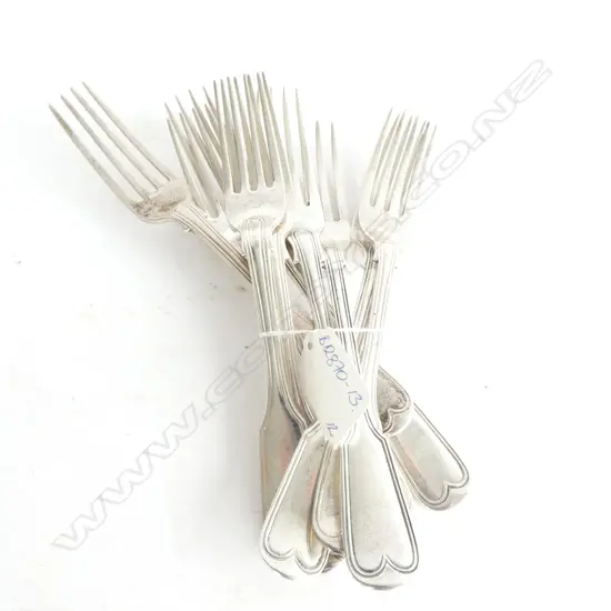MIXED SET 12 VICT. SILVER DESSERT FORKS FIDDLE & THREAD 508GMS