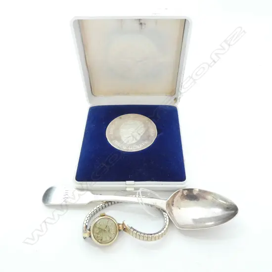 SILVER COIN + OMEGA LADIES WATCH + VICT SILVER TEASPOON