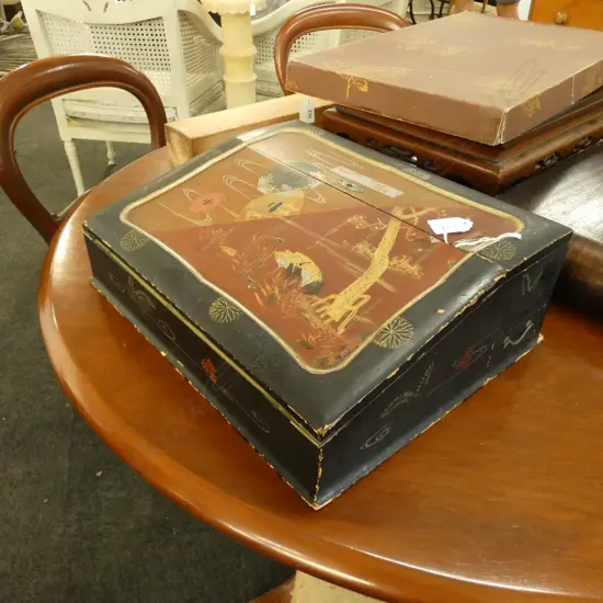 19TH JAPANESE LACQUER WRITING SLOPE - 300 X 370MM - KEY INCLUDED