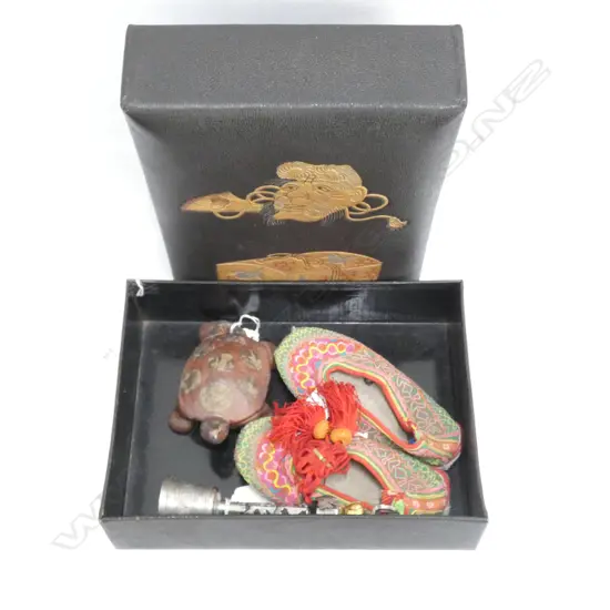 LEATHER TREASURE BOX + EMBROIDERED CHILD'S SLIPPERS/ PRIESTS BELL + CERAMIC TORTOISE