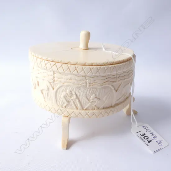 CARVED AFRICAN IVORY LIDDED TRINKET BOX L 105 MM