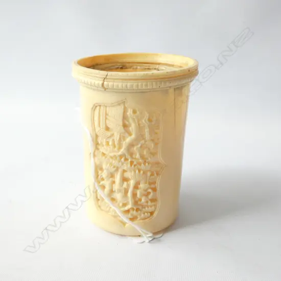 CHINESE CARVED IVORY CYLINDER H 90 MM REPAIRS