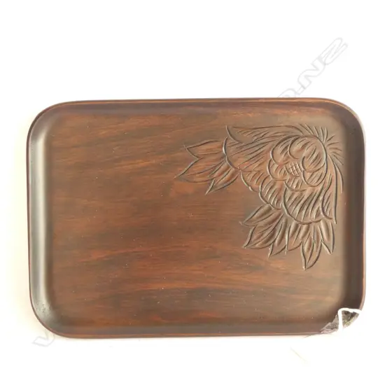 JAPANESE OBLONG WOODEN TRAY WITH CARVED FLORAL DESIGN  - 210 X 140MM