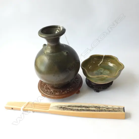 CHINESE TANG STYLE CELADON BRUSH WASHER ON STAND PLUS BRONZE GLAZE VASE ON STAND + FAN