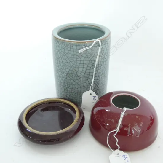 CHINESE OX BLOOD WATER POT & WASHER + CRACKLED BRUSHPOT H. 115MM