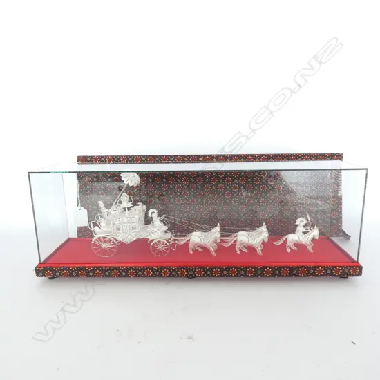 FINELY SCULPTED SILVER HORSE & CARRIAGE MODEL. BOXED