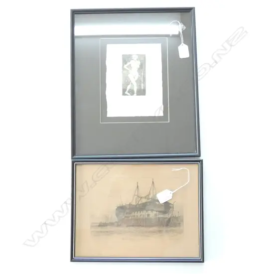 ROZ ETCHING NUDE WOMAN & PRINT 'PRISON SHIP IN PORTSMITH HARBOUR'