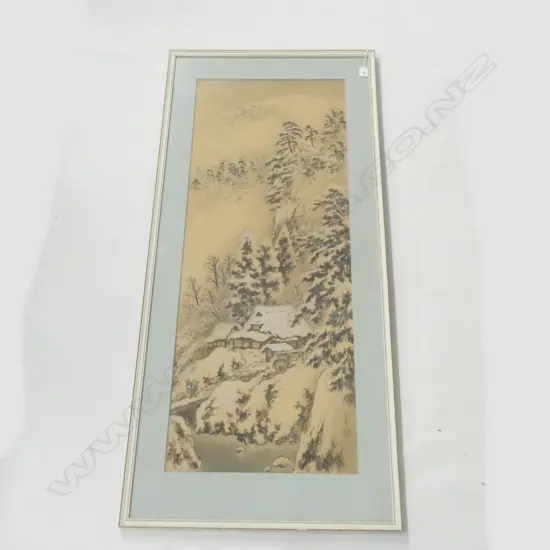FRAMED ORIENTAL MOUNTAIN SCENE ON FABRIC 1080 X 415MM