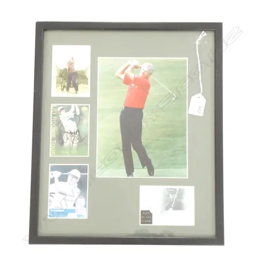 FRAMED SIGNED GOLFERS’ CARDS JOHN DALY, CRAIG PERKS, GRANT WAITE, H.380mm