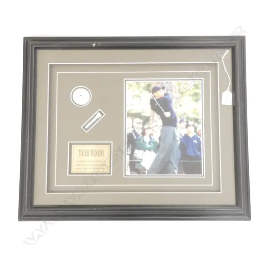 FRAMED TIGER WOODS PHOTO WITH CANADIAN OPEN WIN REF. PLAQUE GOLF BALL AND TEE H.480mm X 580mm