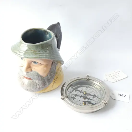 SMALL SEAMAN TOBY JUG - H 110MM & SHIPS COMPASS DIA 90MM