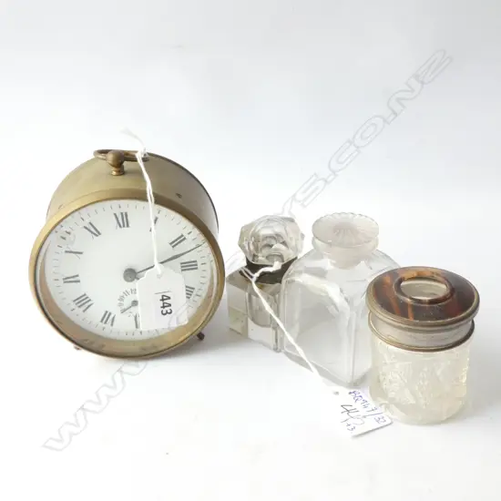 CLOCK + 3 CRYSTAL BOTTLES 