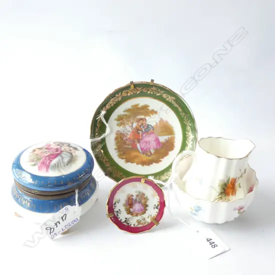 ROYAL DOULTON SUGAR & CREAMER JUG / 2 MINIATURE LIMOGES PLATES & FRENCH LIDDED CONTAINER - DIA  80MM