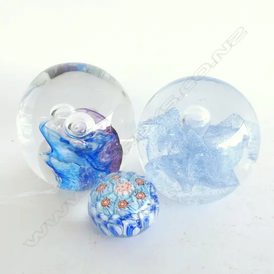 THREE GLASS PAPERWEIGHTS; SM. MILLEFIORI / HOGLUND + ONE OTHER 