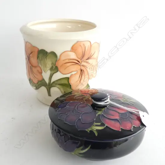 MOORCROFT 'CORAL HIBISCUS' TABLE JARDINIER & 'ANENOME' PATTERN LIDDED TRINKET DISH