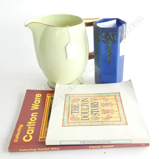 CARLTON WARE GREEN GLAZE JUG & DOULTON ART NOUVEAU HEXAGONAL VASE (H.150mm) + 2 SMALL COLLECTORS' BOOKS