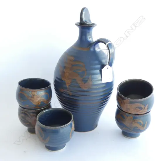 POTTERY WINE CARAFE & 5 CUPS (CHCH OR NELSON POTTERY LATE 60s/EARLY 70s)