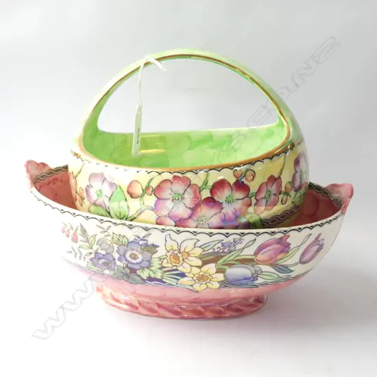 TWO MALING THUMBPRINT BOWLS - PINK BOWL 250 X 180MM & GREEN BASKET DIA 170MM