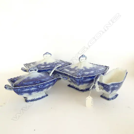 BURSLEM RICHMOND BLUE & WHITE TRANSFER WARE; 3 LIDDED DISHES / 1 GRAVY JUG/ 1 LADLE 