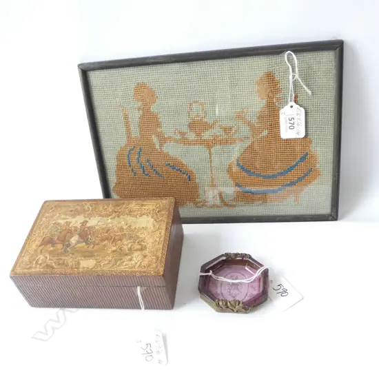 3 ITEMS: EMBROIDERED TEA PARTY PANEL. BOX. GLASS DISH