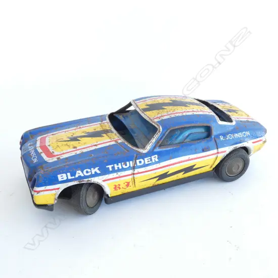 VINTAGE TIN CAR JAPANESE ASAHI CHEV. CAMARO BLACK THUNDER R. JOHNSON TIN CAR L.235mm