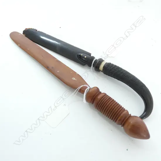 2 OLD PAPER KNIVES. HORN HANDLE & TURNED WOOD