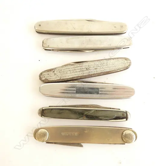 BAG SIX ASSORTED SM MOSTLY 2 BLADED PEN KNIVES; CELLULOID / STAINLESS STEEL NICKEL & SILVER SCALED