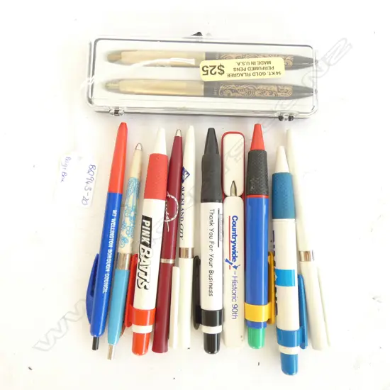 BAG 10 COLLECTABLE BALLPOINT PENS + 2 14KT GOLD FILAGREE PERFUMED PENS 
