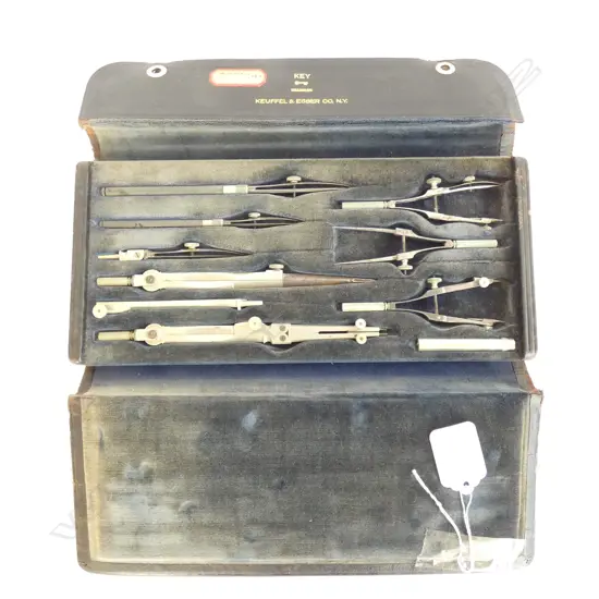 NICKEL SILVER & STEEL 10 PCE KEUFFEL & ESSER NY DRAFTING SET IN LEATHERETTE CASE