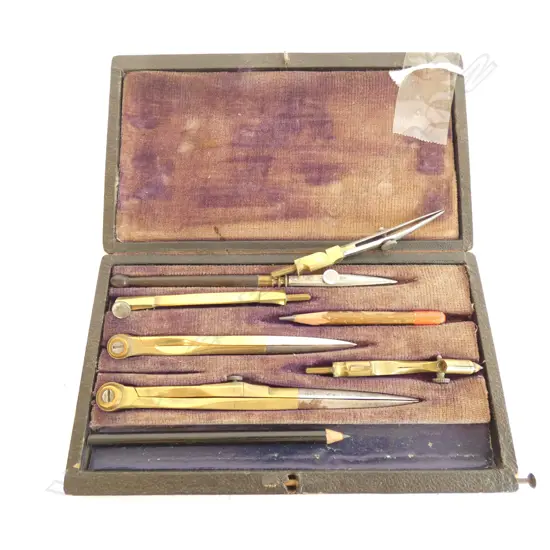 SM FRENCH 6 PC BRASS & STEEL SET OF DAUGHTING INSTRUMENTS - ORIGINAL BOX