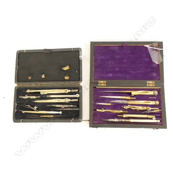 TWO OLD BRASS & STEEL DRAUGHTING SETS  - 1 WOODEN BOX / 1 LEATHER CASE