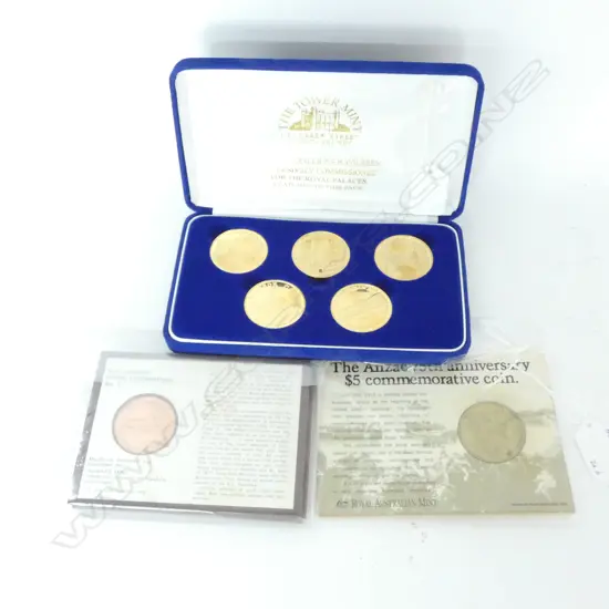 CASED SET 'ROYAL PALACES' MEDALLIONS; 3 NZ STEAM LOCO MEDALLIONS & ANZAC $5 COMMEM COIN