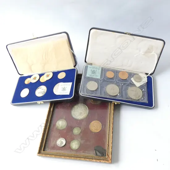 FRAMED SET NZ PRE-DECIMAL & 2 CASED SETS DECIMAL COINS 