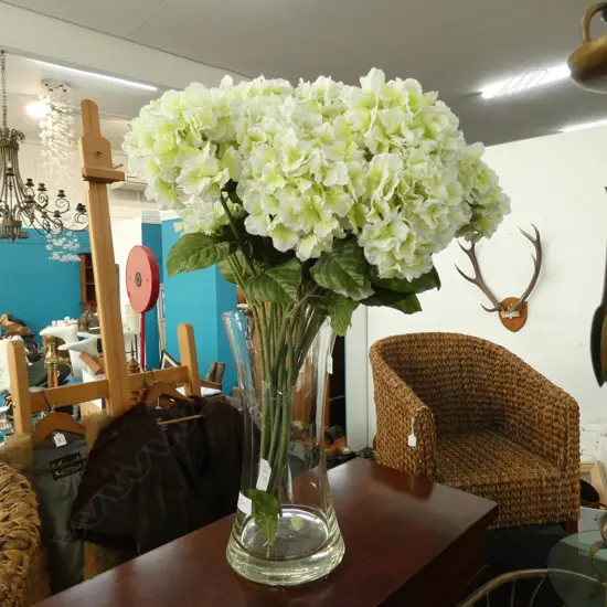 LARGE GLASS VASE H. 495MM + FAKE FLOWERS 