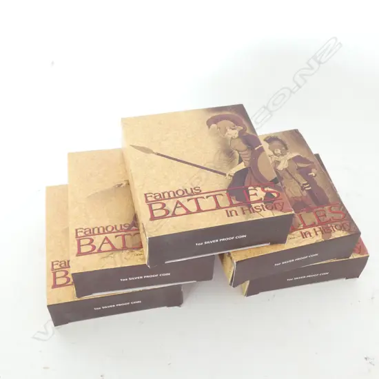 1oz PURE SILVER, AUSTRALIAN PROOF COINS, FAMOUS BATTLES, 2009 (FIVE COINS) ORIGINAL BOXES AND CERTS