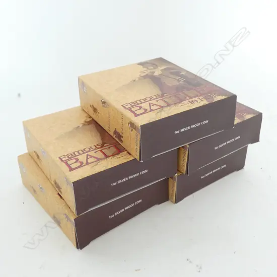 1oz PURE SILVER, AUSTRALIAN PROOF COINS, FAMOUS BATTLES, 2009 (FIVE COINS) ORIGINAL BOXES AND CERTS