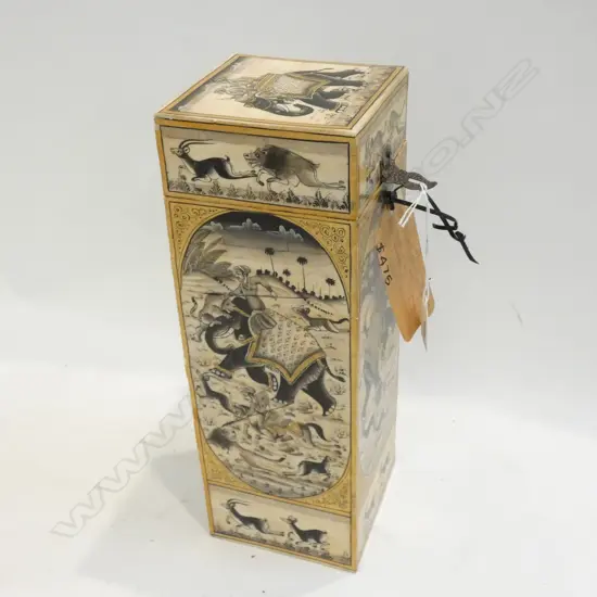 BONE DECORATED WINE BOTTLE BOX - ELEPHANTS ETC. H. 350MM