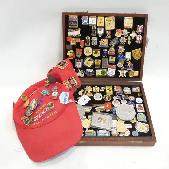 ASST. OLYMPIC BADGES & PINS IN CASE & HAT