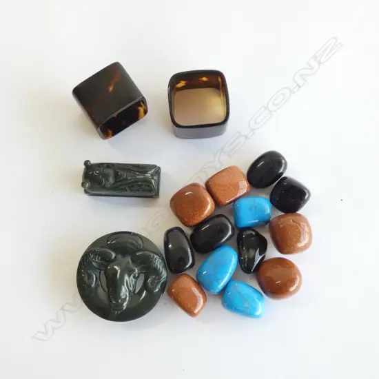 PR 1941 FIJI TURTLE NAPKIN RINGS, BAG GEM STONES & TWO GREEN GLASS BELT BUCKLES