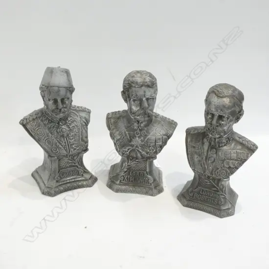 3 SPELTER BOER WAR BUSTS; LORD KITCHENER, LORD ROBERTS, GORDON H. 165MM