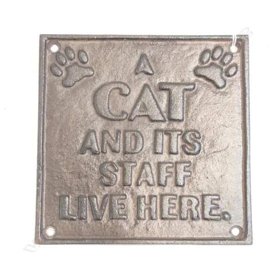METAL CAT LOVERS WALL TILE 'A CAT & ITS STAFF LIVE HERE' - W 185MM