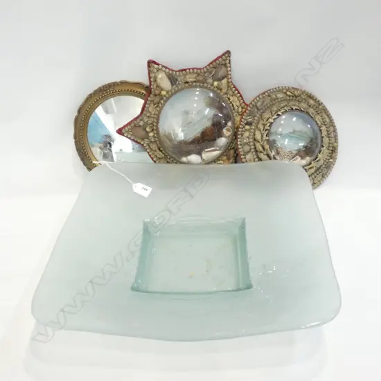 LARGE SQUARE GLASS PLATTER W. 430MM + MIRROR & 2 SEASHELL ARTWORKS