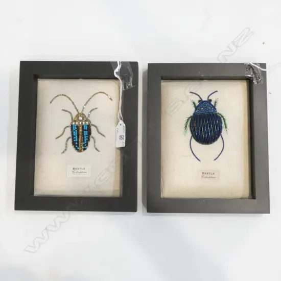 PR FRAMED BEADED INSECTS - BLUE BEETLE & SCARAB - 200 X 160MM