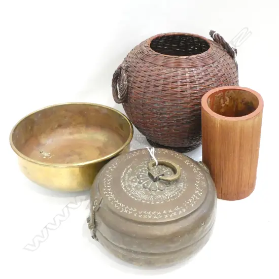 JAPANESE WICKER BASKET / BAMBOO VASE / BRASS ROTI BOX & BOWL DIA. 215MM
