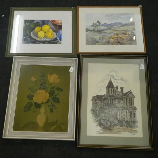 4 ARTWORKS; BIDEHALL DELPHI W/C 255 X 360, BARTH AYNSLEY 'LEMONS' W/C, FLORAL PRINT, KERITANE MT ALBERT PRINT