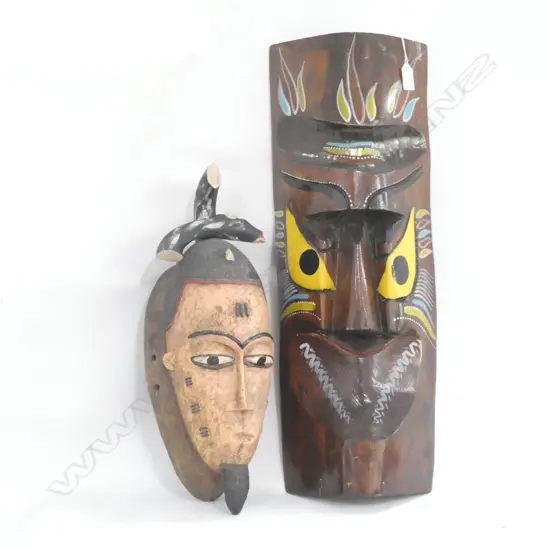TWO TRIBAL WALL MASKS; ONE NEEDING SM REPAIR - LARGEST L. 600MM