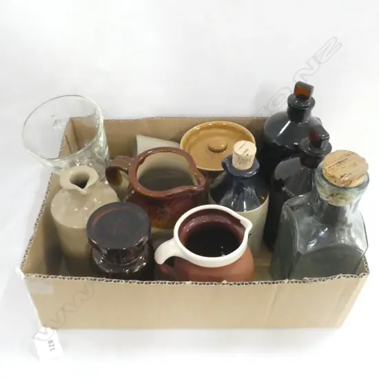 BOX LOT ASST. CERAMICS, BOTTLES ETC